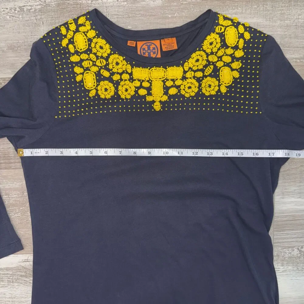 Tory Burch Beaded Embellished Navy Cotton Top Yellow Statement Boho Preppy M